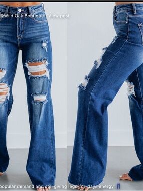 Wild Oak High-Rise Distressed Wide Leg Jeans - Blue